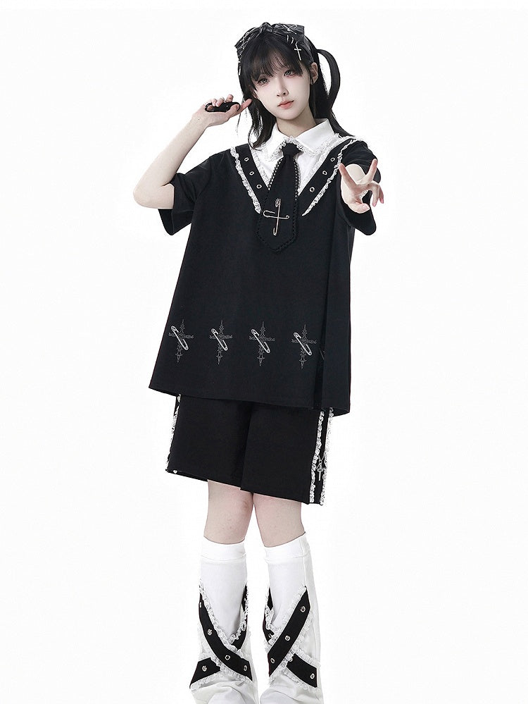 Collar Pin Cross Print T-Shirt Tie Free with Black Shirt