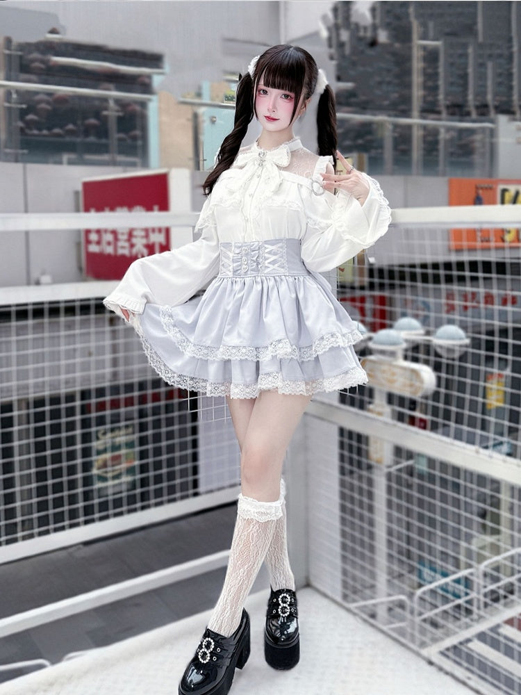 Bell Sleeves Open Shoulder with Blouse White Jirai Kei Three-Piece Set: