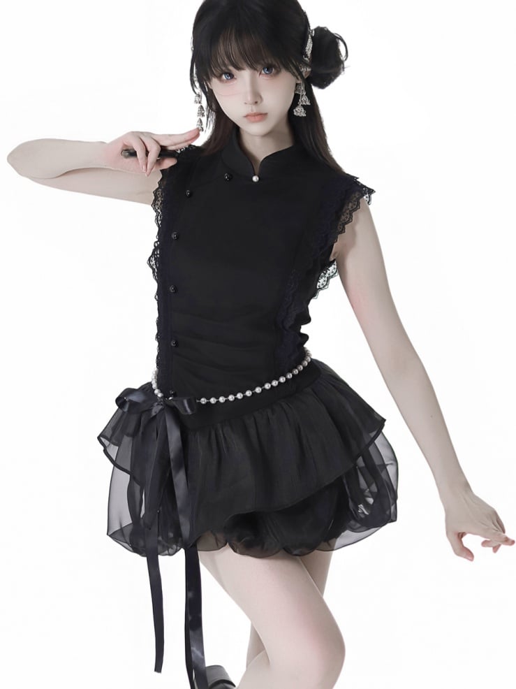 Skirt with Black Cheongsam Style Banded Collar Mini Dress Chain Waist Beaded Bubble