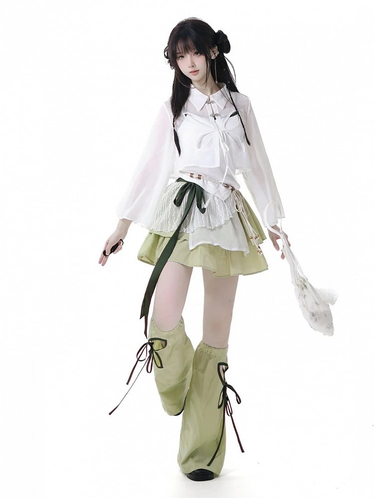Green Cheongsam Tiered Skirt with Waist Belt Elastic Waist Style