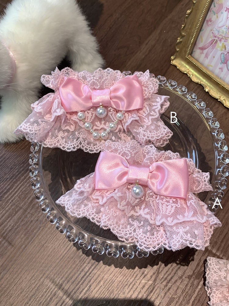 Wrist Pink Layered Cuffs Lace Deep Bead Accent with Bow