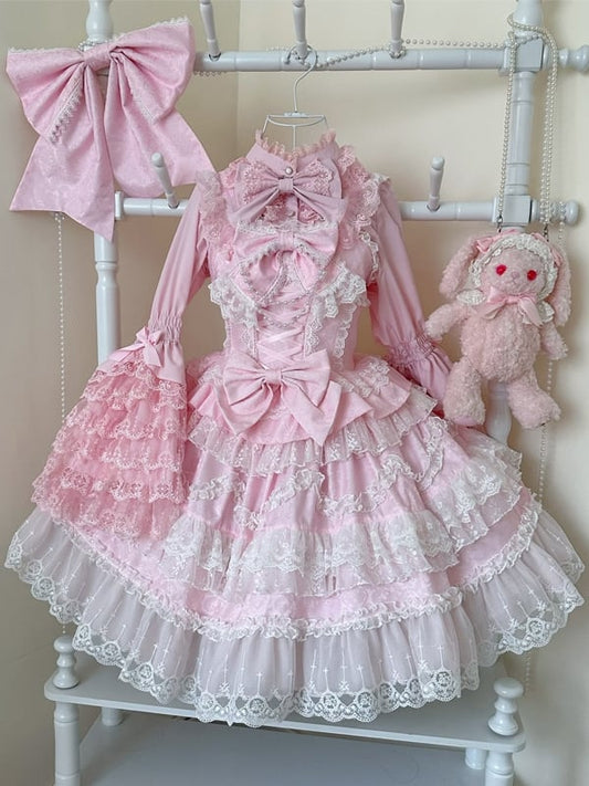 Besätze Kleid Rosa Rock Weiß Verzierter Pullover Spitze Lolita Hanayome Schleifen