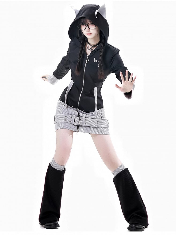Black Strap and Design Hood Colorblock Wolf Ears Buckle Zip Closure Dress Gray Knit