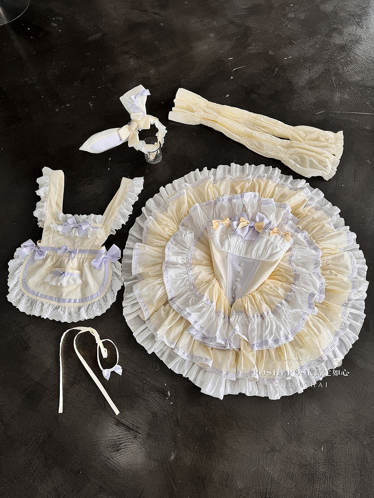 Yellow and Purple Sweet Maid Apron + Basque Waist Tiered Ruffles Hem Strapless Puffy Dress