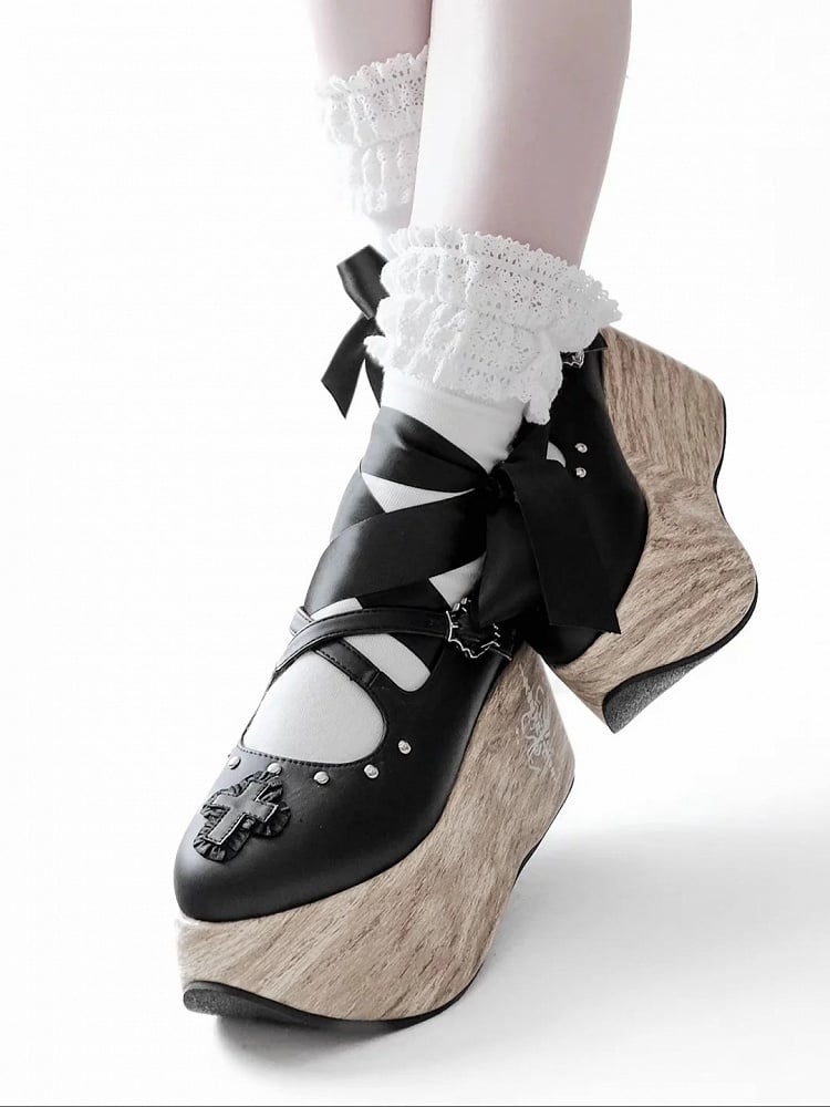 Cross Gothic Black Heel Applique 7cm and Platform Shoes with Lace-up Ankle