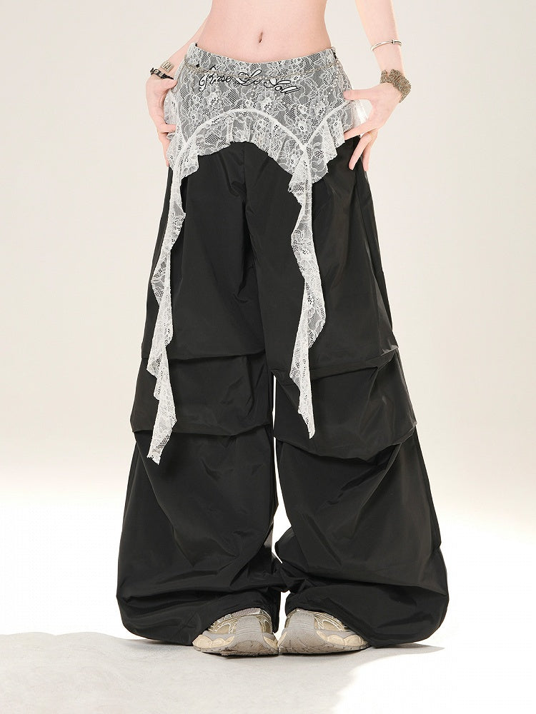 Gray/Black Low Light Rise Wide-Leg Pants with Waist Lace Accessory
