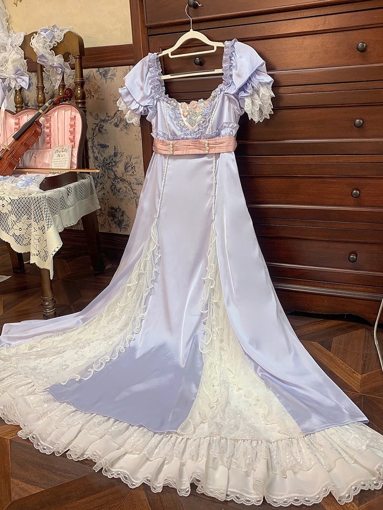 Blaues elegantes Lolita-Kleid mit Empire-Taille und quadratischem Ausschnitt
