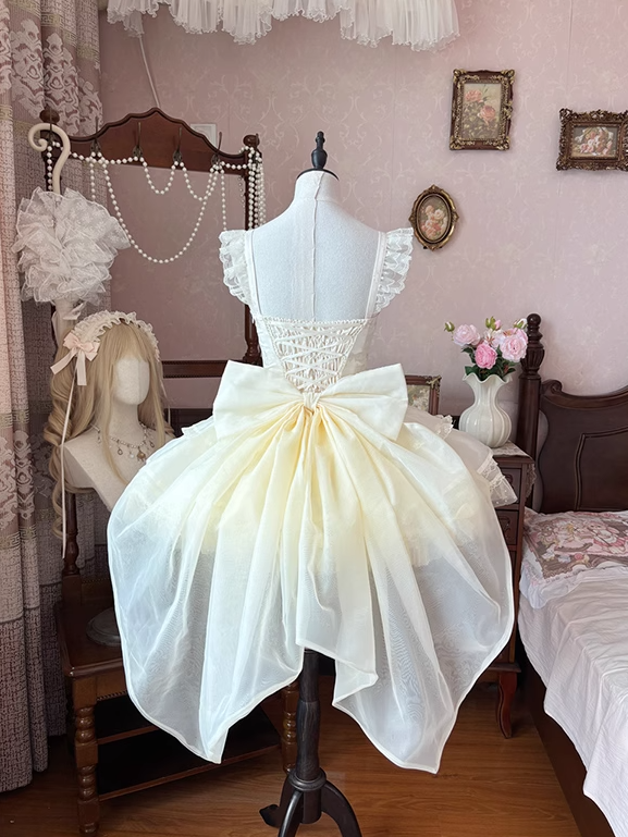 Beige Flutter Sleeves Bowknots Dress Bodice JSK on Balletcore Sweet Lolita Puffy