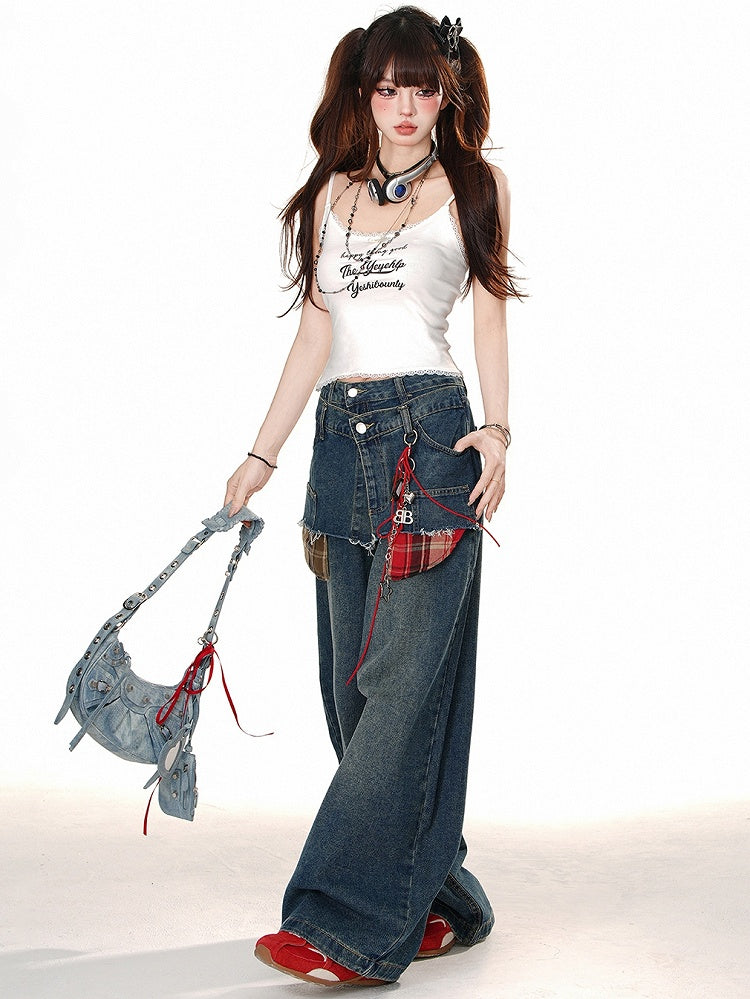 Blue Fake Two-piece Design Wide-leg Cut Jeans