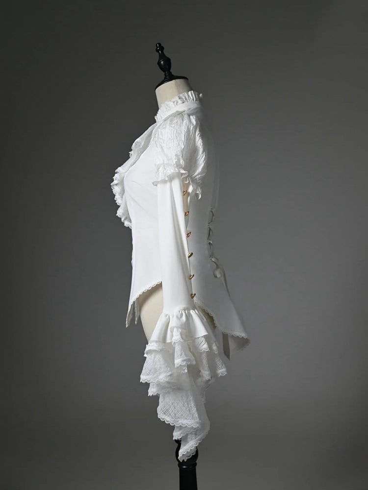 White High-low Long Sleeves Neck Jabot Hem Shirt High Ruffled