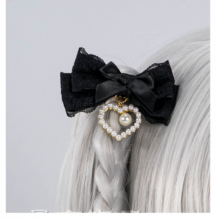 5 Colors Beaded Heart Charm Jirai Kei Lace Bow Hairclips