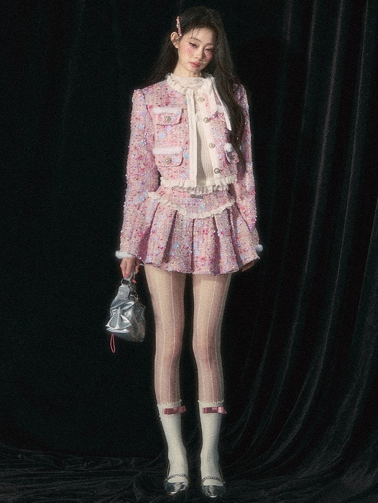 Pink Jacket Floral Bead Embellishments Sequins Detail