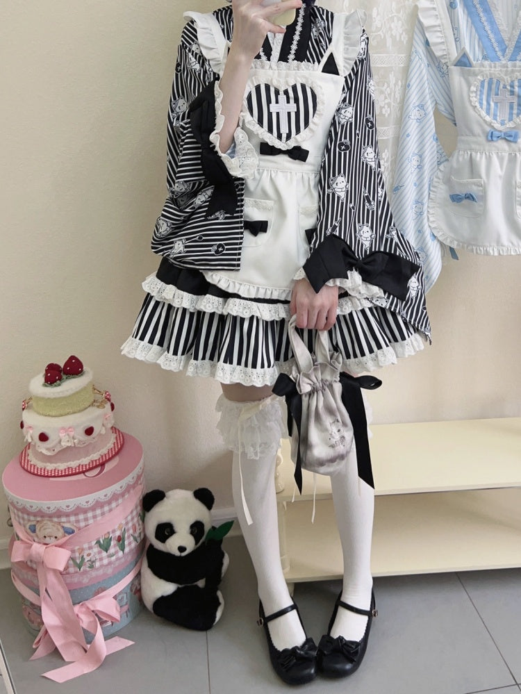 ブラックストライプのリトルゴーストプリントトップス+ティアードスカート+エプロン和ロリータセット