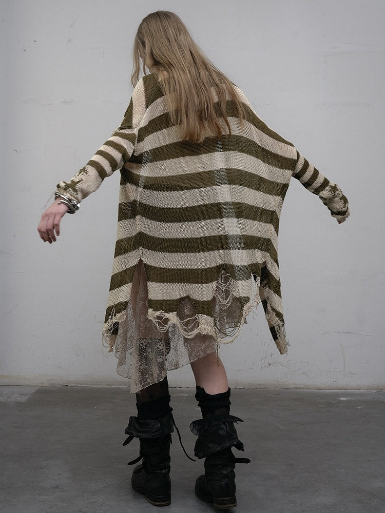 Pattern Striped Punk Cardigan Wasteland Green