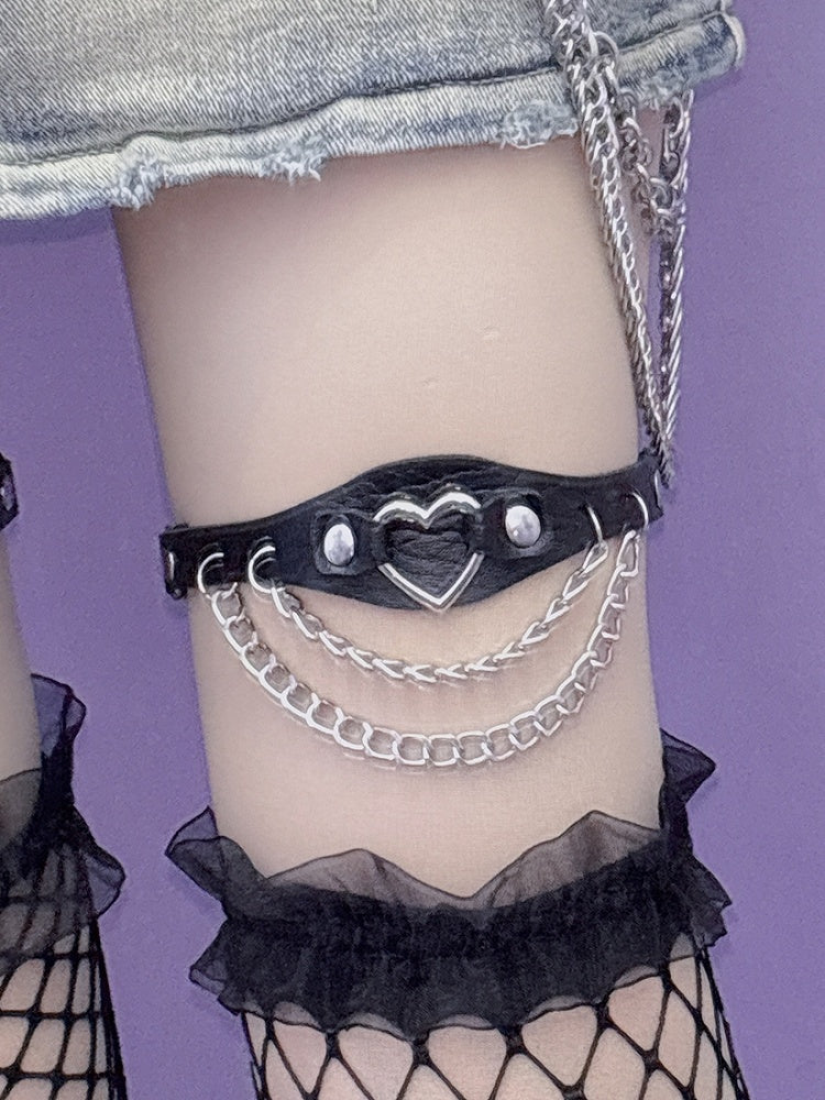 Heart Decorated Chain Glamorous PU Black/Pink/White Leg Charm Loop Studs Y2K