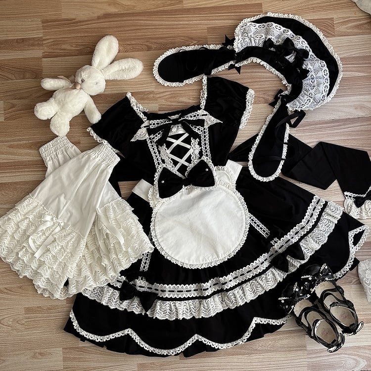 Lolita Sleeves Black Old Short Neckline School Piece Puff Square One and Dress Cotton