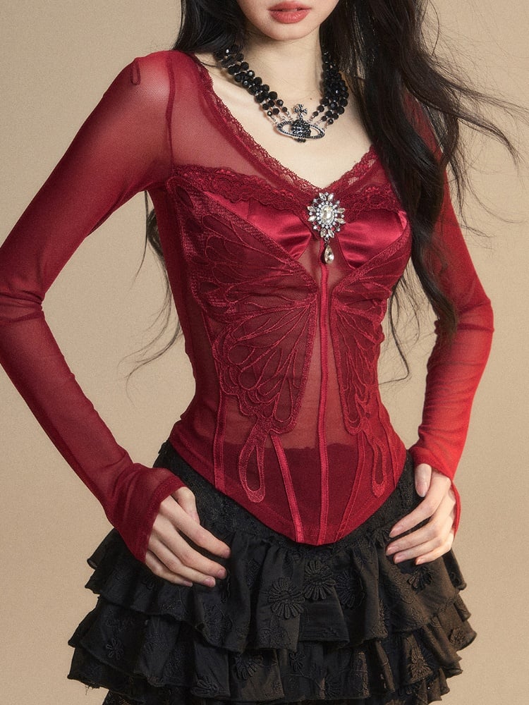 Red V-neck Top Rhinestone Embellished Glamorous Butterfly Embroidery