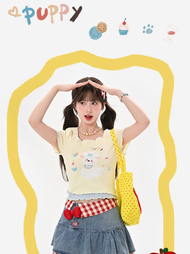 T-Shirt Hem Square Neck Apricot Puppy Print Lettuce