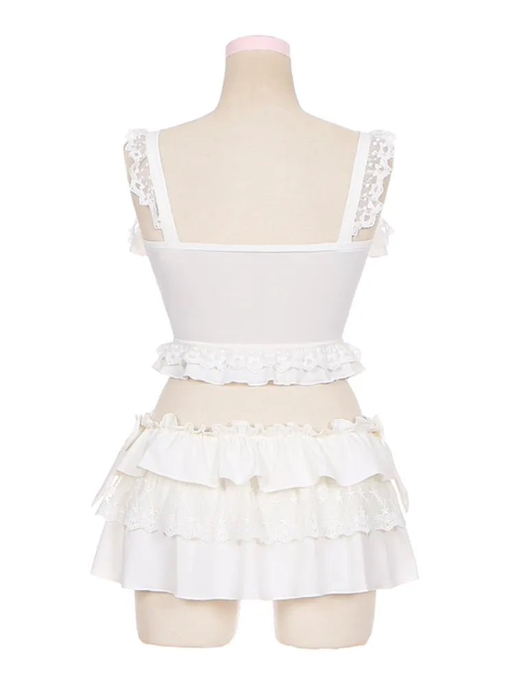 Details Tiered Trim White Bowknot Ruffle Skirt + Top Swimsuit