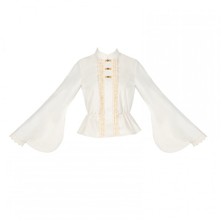 Weiße Han Lolita Bluse mit langen Ärmeln und Stehkragen