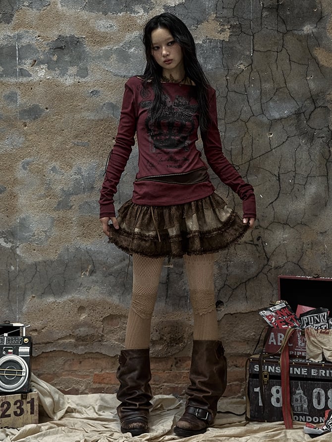 Kaffeefarbener Vintage-Minirock mit niedriger Taille und asymmetrischer Spitze