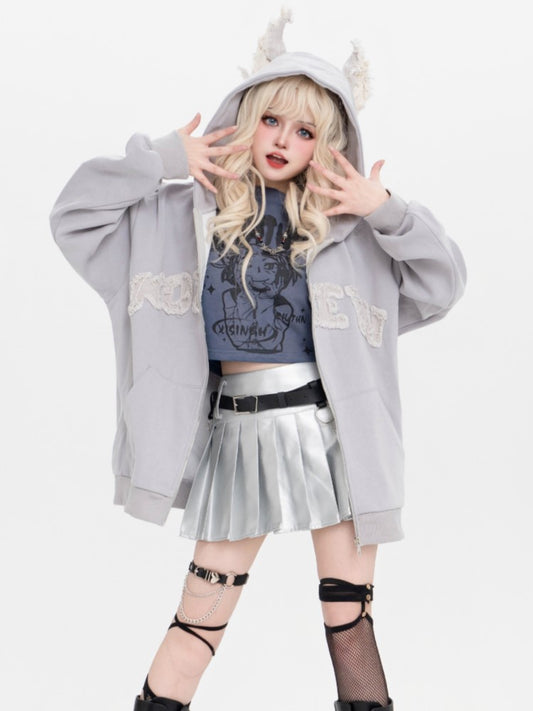 Non-Fleece And With Ears Print Grey Applique Puppy Letter Light Hoodie