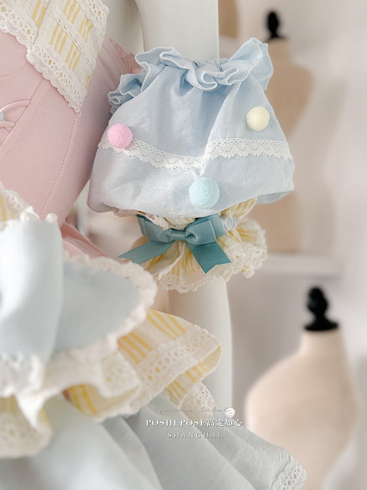 ピンクとブルーのスイートプリンセスパフィーティアードフリルスカートボーンドレス