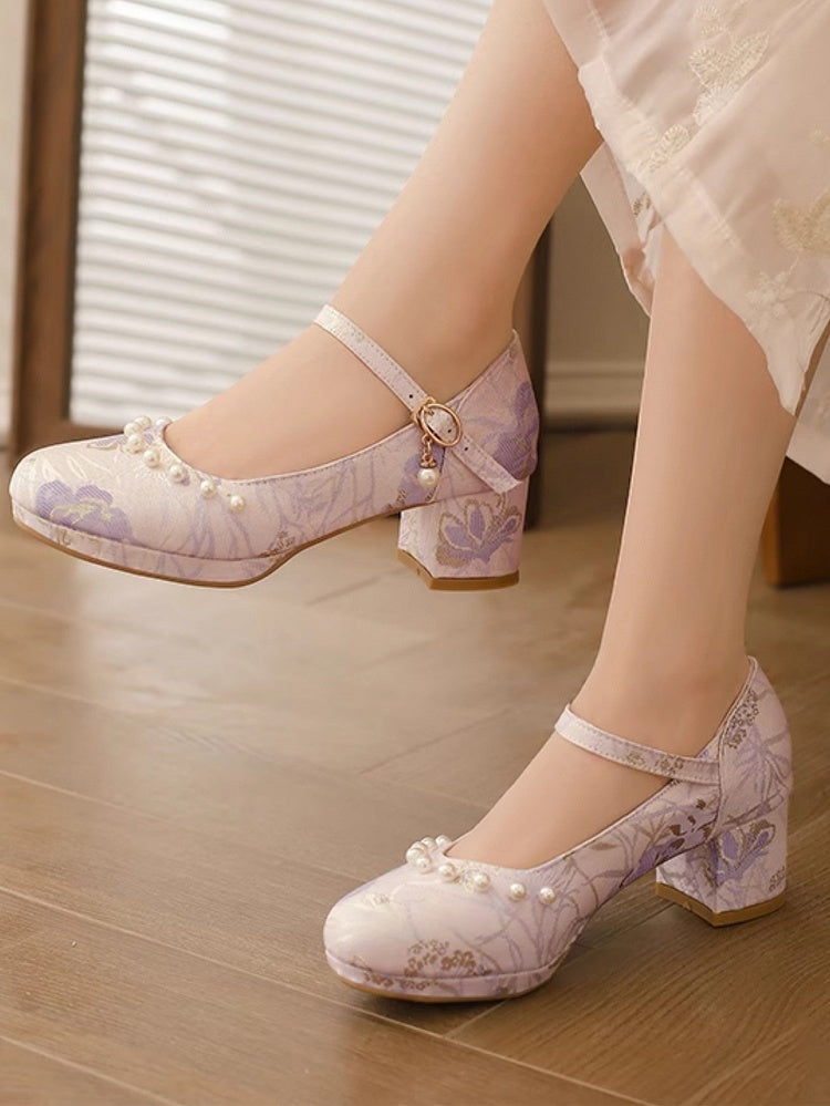 Purple Embellishments Lolita Mid-heels Floral Qi Beads with