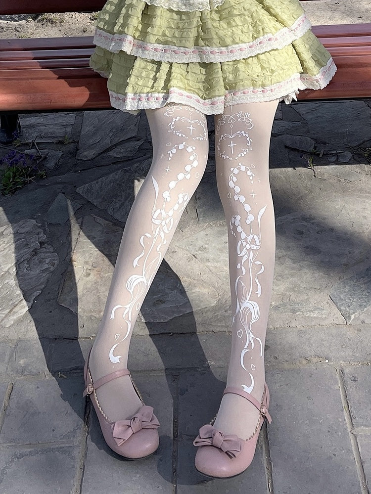 Tights Gothic Lily of the Valley and Cross Print Shiro Lolita