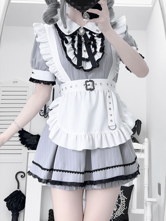 Shorts Pan Gray White Kei Stripes Collar Maid with and Set Peter Jirai Top