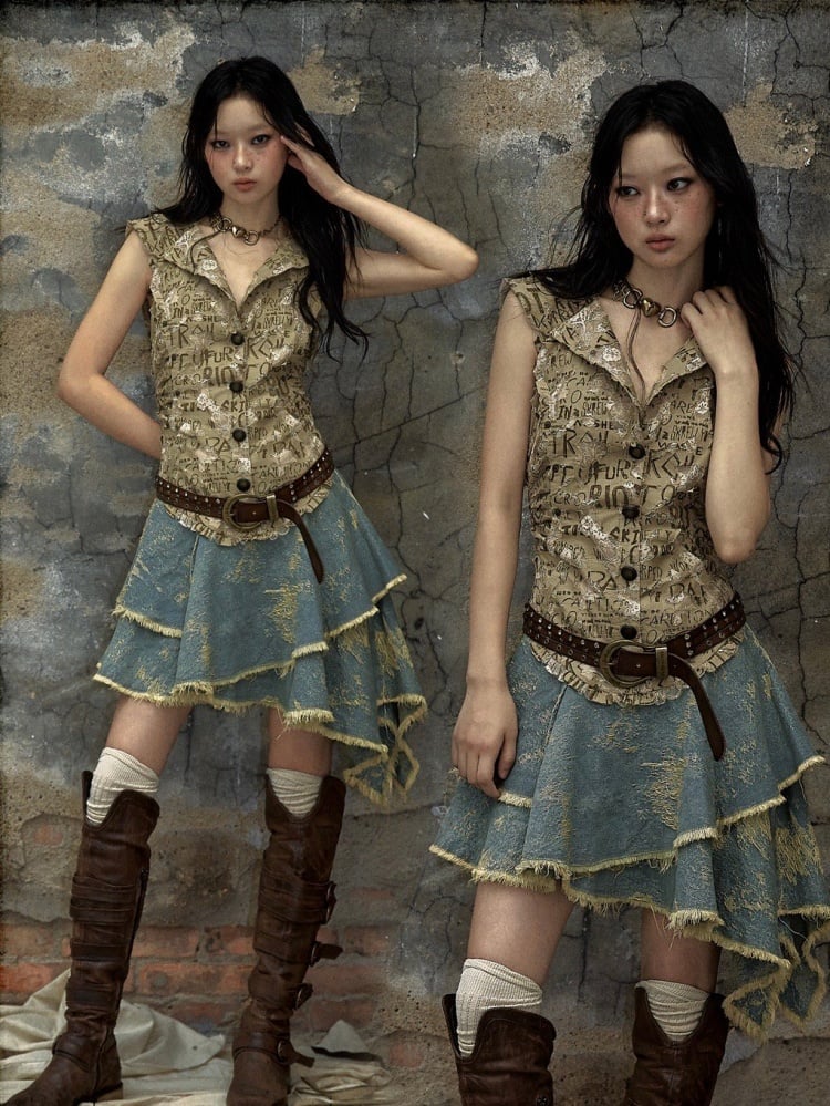 レタードカーキトップデニムハンカチスカートパンクフード付きドレス