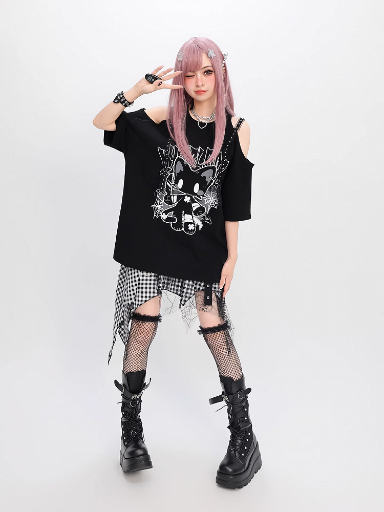 Cat Print Loose T-Shirt Y2K Black Cutout Shoulder Bittersweet