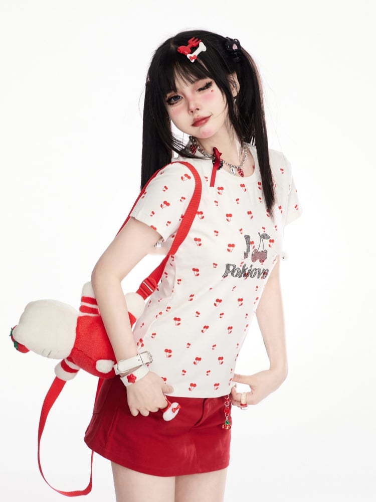 White Allover Cherry Print Rhinestone Letter T-shirt