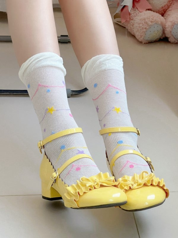 With White/Beige Polka-dot Socks Calf Pattern Star And Hollow-out