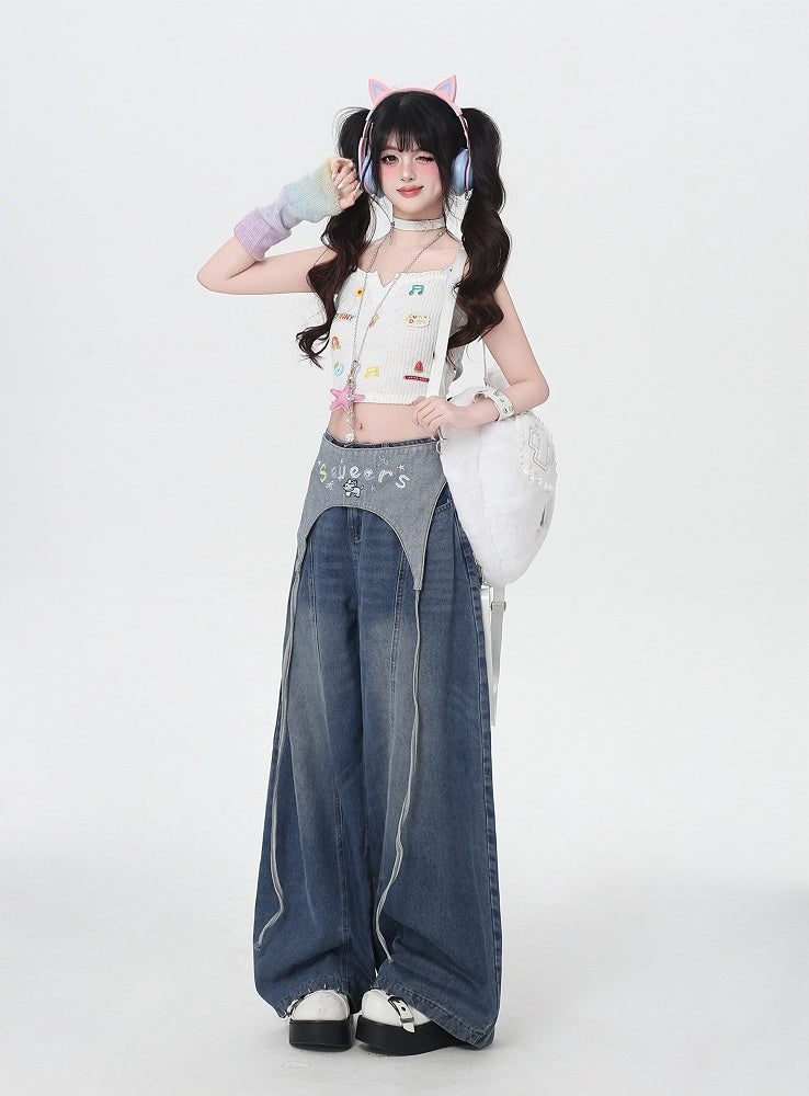 Blue Low Waist Wide-leg Jeans with Letter Embroidery