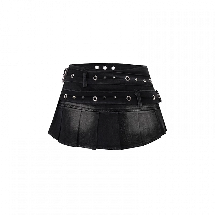 Straps Mini Pleated Denim Skirt Waist Studded Buckle Black Low