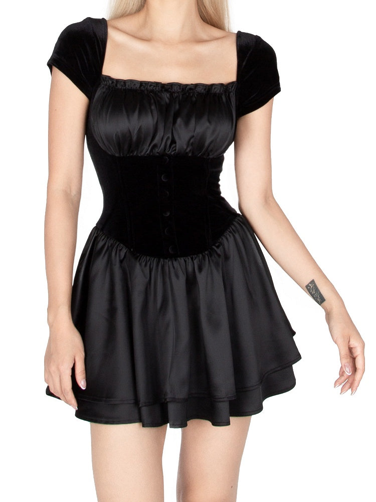 Black Velvet Square Neck Elegant Vintage Mini Dress