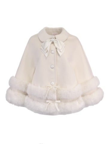 Faux Fleece Cloak White With Fur-Trimmed Bow Accents Creamy