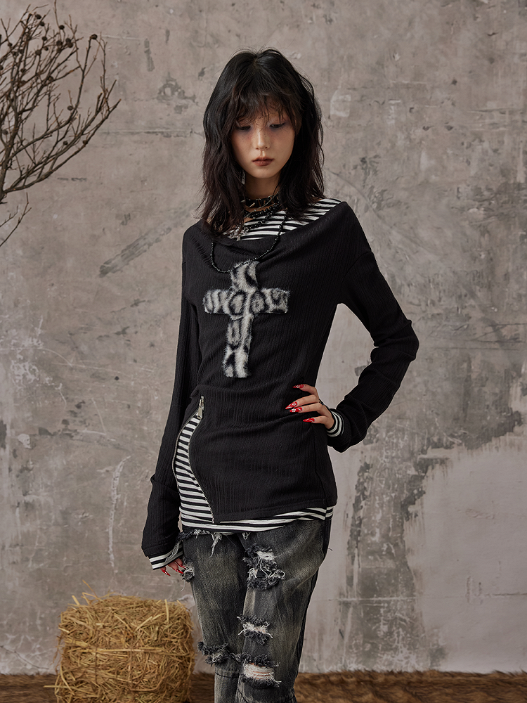 Mit zweiteiligem Strickdetail Leopard Faux Punk Reißverschluss Patch Schwarzes Top Kreuz
