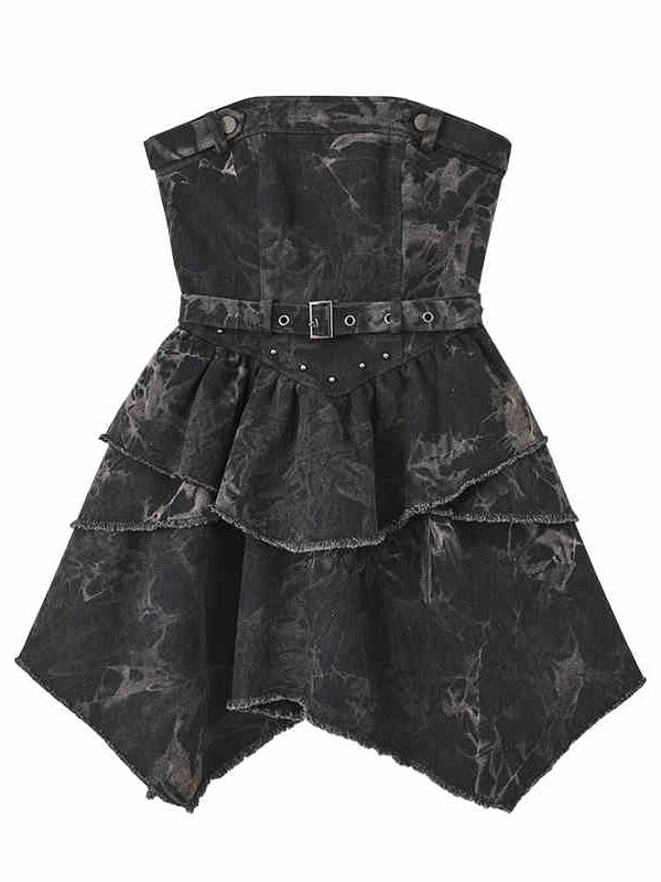 Black and Gray Basque Waist Punk Denim Strapless Dress