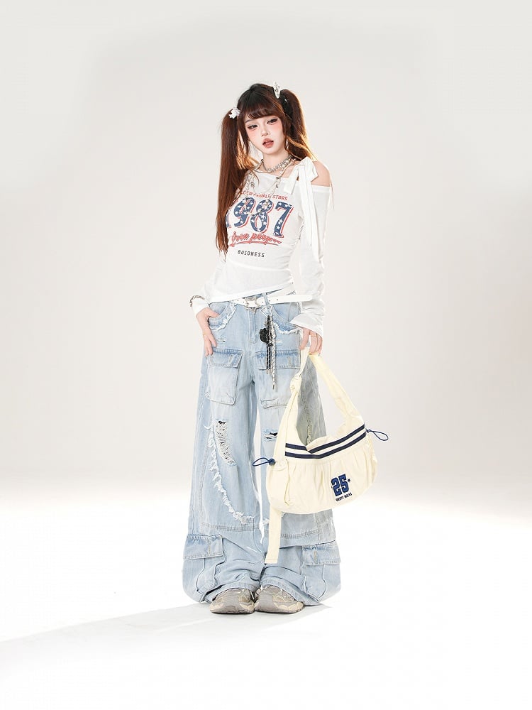 Asymmetrical Neckline Top Vintage Number Print Blue/White/Black