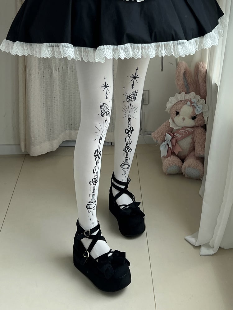 Tights Butterfly and Candelabra Print Gothic Lolita White