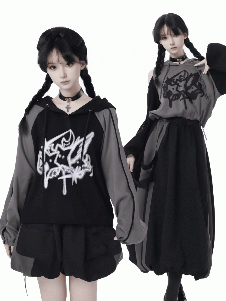 Hoodie Print Gray Colorblock Design and Star Loose Black