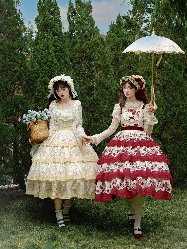 Klassisches Lolita-Teekannenrock-Print in Rot mit gestuftem Rosen-Blumenmuster und Pulloverkleid