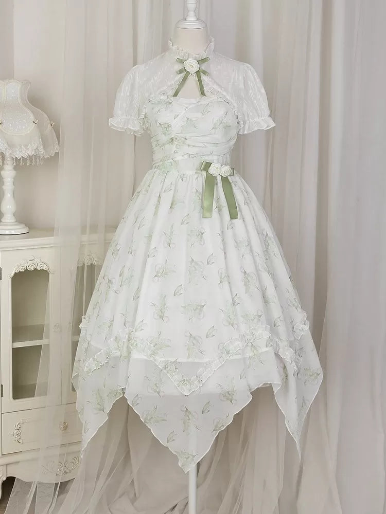 Light Green Lily of the Valley Print Handkerchief Hem Dress + Bolero