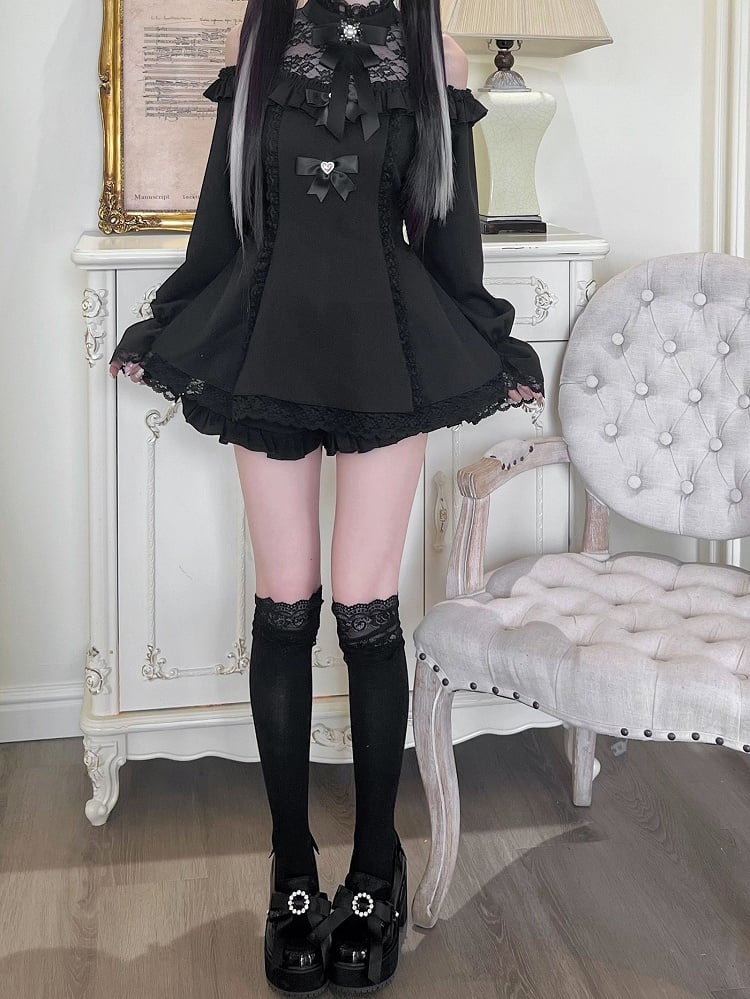 Mini-Schwarzer Rock mit Jirai Kei Illusion Rüschenshorts, Cutout-Schulterkleid, Saum-Ausschnitt
