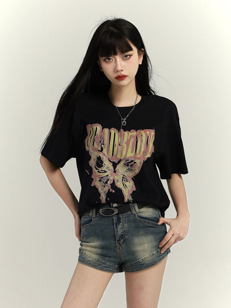 Dunkelgrau/Braun/Schwarz/Weiß Vintage Loose T-Shirt mit Schmetterlingsdruck