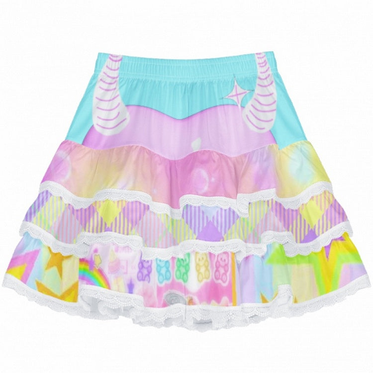 A-Line Y2K Striped Pattern White/Blue/Purple Tiered Skirt with Lace Trim
