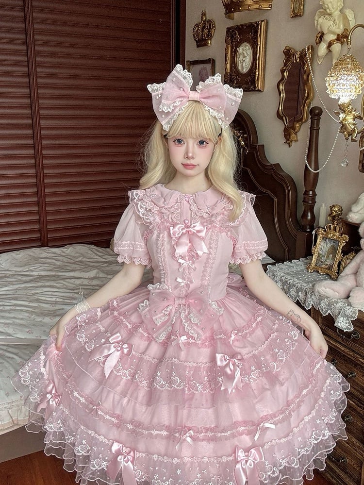 Hanayome Skirt Accents Lolita Princess Tulle Bow Pink JSK Dress Layered