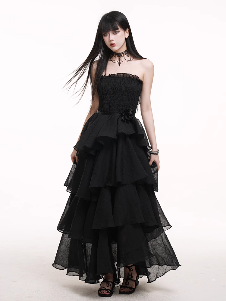Waist Mesh Black High Prom Gown Dress Tiered Skirt